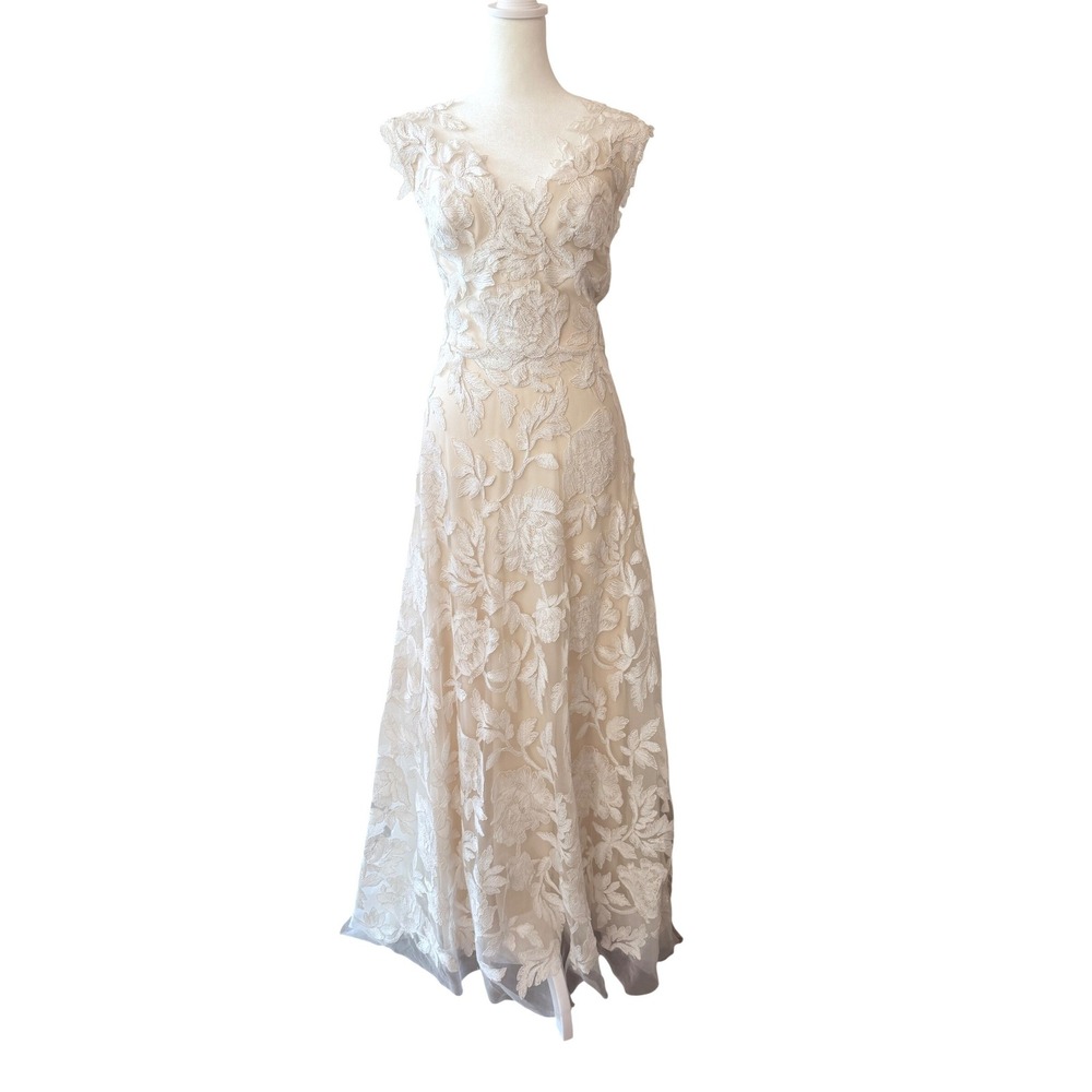 TADASHI SHOJI Ivory Floral Lace Romantic Bridal Wedding Gown Maxi Dress 8